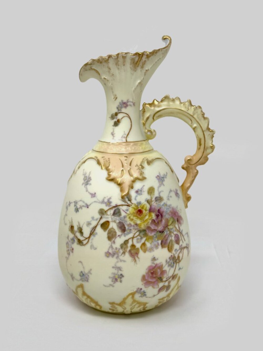 Antique Hand Painted Porcelain Ewer Pitcher Vase Floral Rose Gilt Accent 9.5”